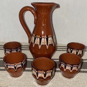 Troyan Bulgarian Pottery Feather Redware Terracotta Pitcher & 5 Cups